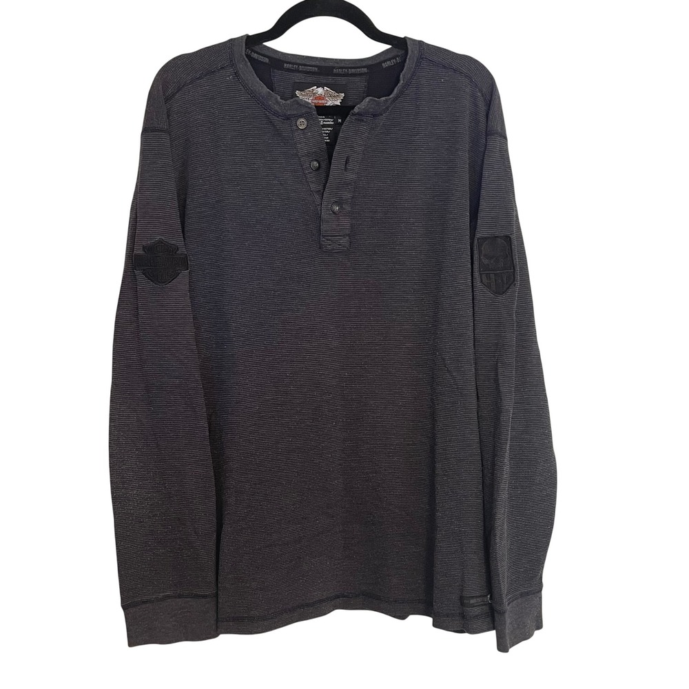 Harley-Davidson Mens Charcoal Gray Waffle Knit Henley Shirt Willie G Skull M